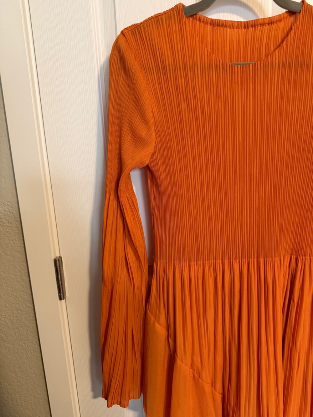 Zadie B’s Orange Pleated Midi Dress One Size Boho Ruffle Anthropologie Style NWT - Picture 5 of 8